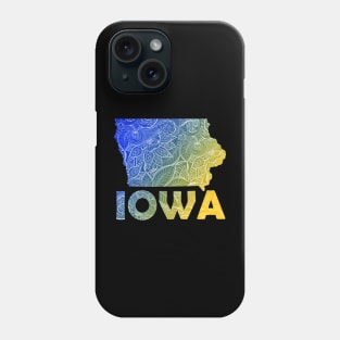 Colorful mandala art map of Iowa with text in blue and yellow Phone Case