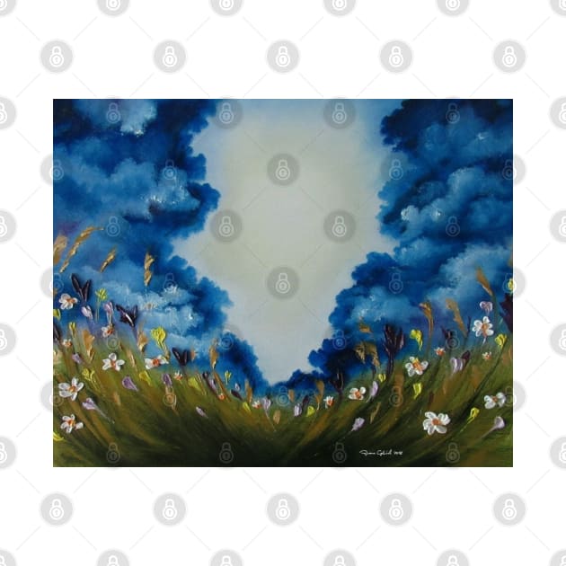 Skyscape, clouds art, flowers artwork, field of wild flowers print, nature landscape, sky of clouds, country decor, flowers decor by roxanegabriel