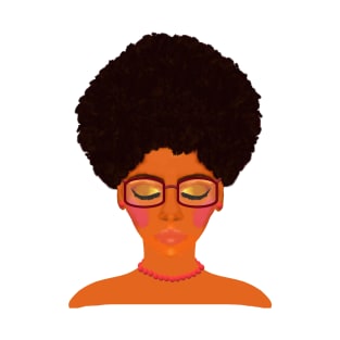 Woman with Afro, Glasses and Coral Beaded Jewelry (White Background) T-Shirt