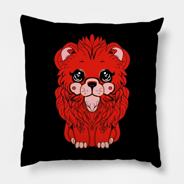 Cute red lion illustration kawaii style Pillow by jen28