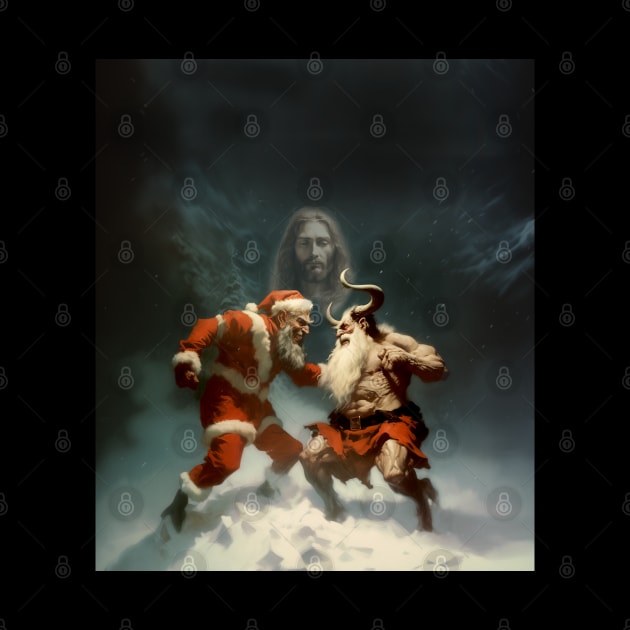 True Christmas: Jesus Christ Observes the Epic Battle Between Santa Claus and Krampus on a Dark Background by Puff Sumo