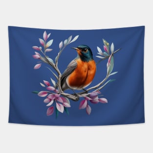 Cartoon Of An American Robin With Connecticut State Flower Tapestry