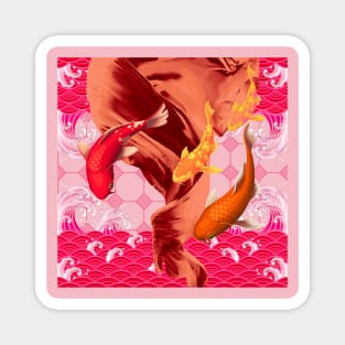 Koi Fish with an Orange and Pink Swirl Ocean- Happy Hong Kong Magnet