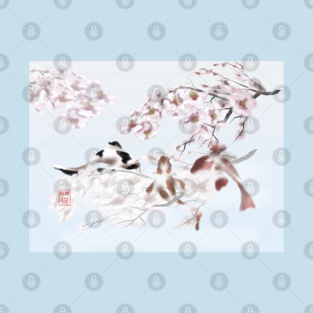 Koi carp with watercolour sakura sumi-e with a hint of blue by cuisinecat