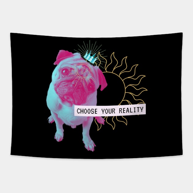 Pug Reality Dog Vaporwave Party Techno Glitch Fun Tapestry by Maggini Art