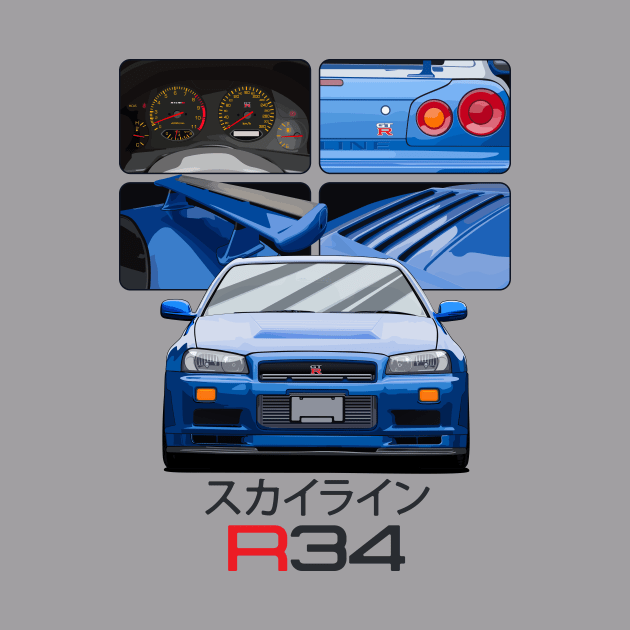 Skyline GTR R34 Blue Drawing Vector by Ajie Negara