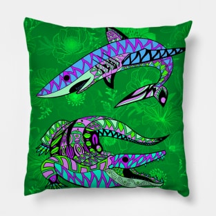 the king shark and the king gator in mandala pattern jungle Pillow