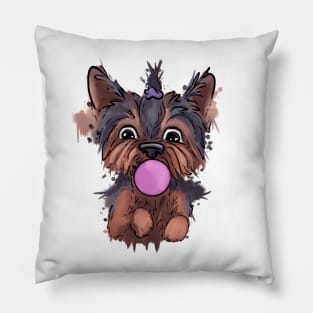 Cute, yorkie - puppy with bubble gum Pillow