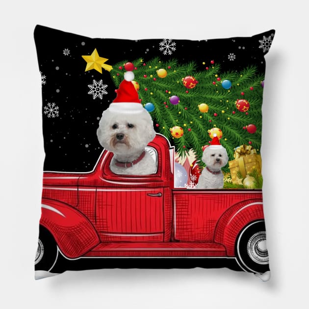 Red Truck pick up Bichon Frise Christmas  lover gift T-Shirt Pillow by CoolTees