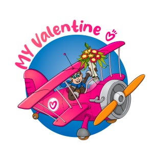 “My valentine” drawing of a pilot in an airplane with flowers T-Shirt