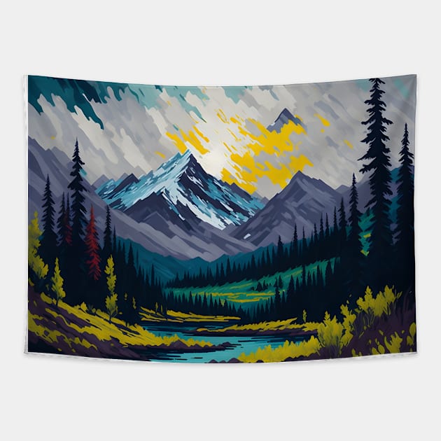 Autumn river and mountains Tapestry by Anik Arts