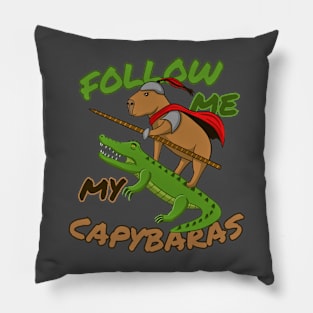 Cute Capybara Knight with Crocodile "Follow Me My Capybaras" Pillow