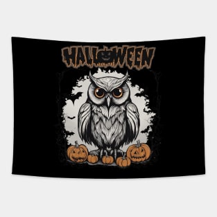 Owl and carving pumpkin Halloween Tapestry