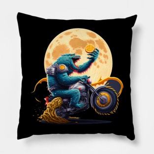 ramen monster in moon of Kanagawa  riding motorcycle eating orange Pillow