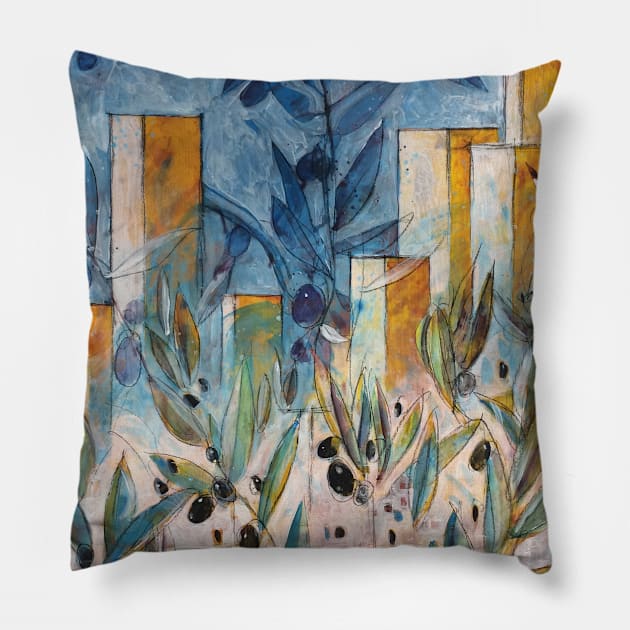 Towers and olives Pillow by Andreuccetti Art