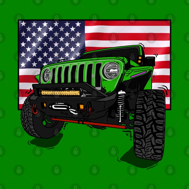 Jeep with American Flag - Green Essential by 4x4 Sketch