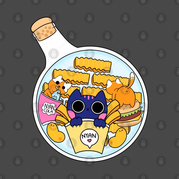 Cat in a bottle with fast food by limedapples