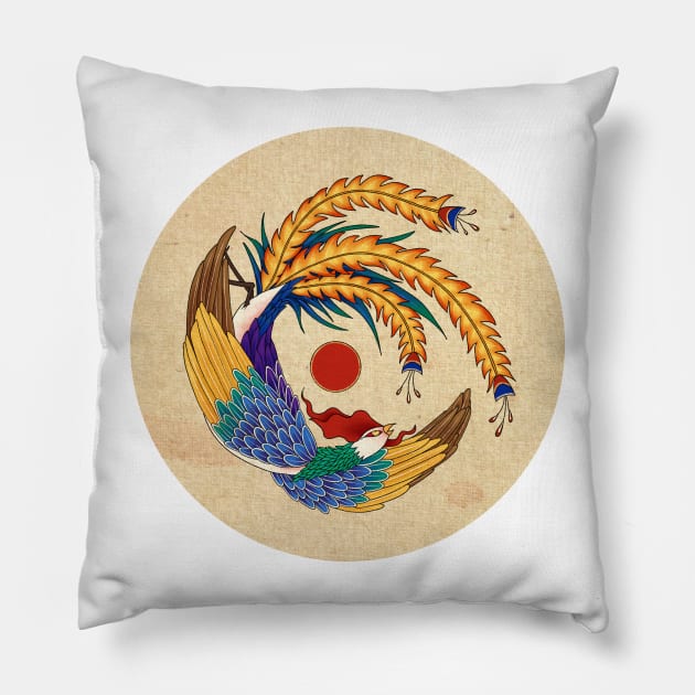 Minhwa: Asian Phoenix A Type (Korean traditional/folk art) Pillow by koreanfolkpaint