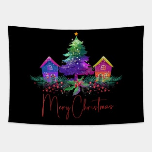 Vintage Christmas Village - Vibrant Colored Gingerbread Homes - Christmas Tree - Retro Christmas Scene Tapestry