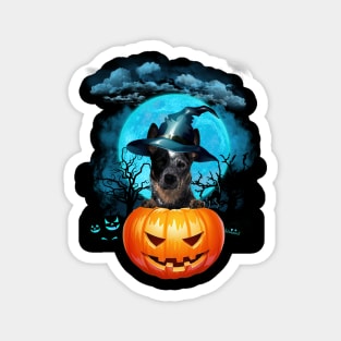 Blue Heeler Witch Hat Pumpkin And Blue Moon Halloween Magnet