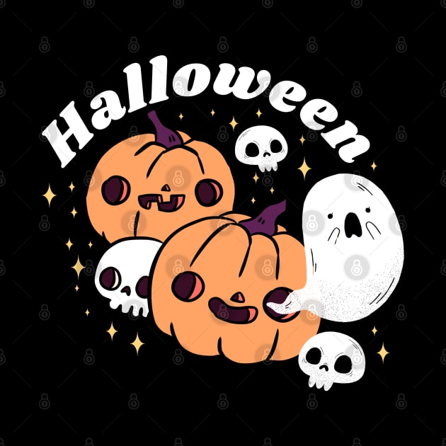 Happy cute pumpkin heads with a skull and adorable ghost friends by Yarafantasyart