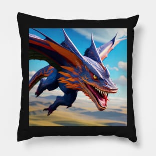 Blue and Orange Dragon with Wings Flying Through Sky Pillow