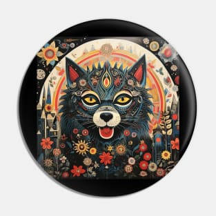 Surrealistic Folk Art Dark Floral Motif Wolf Design Pin