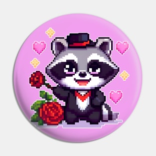 Raccoon in love roses and hearts pixel art Pin