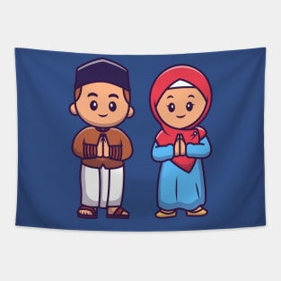 Cute Girl And Boy Moslem Celebrating Ied Mubarak Cartoon Tapestry