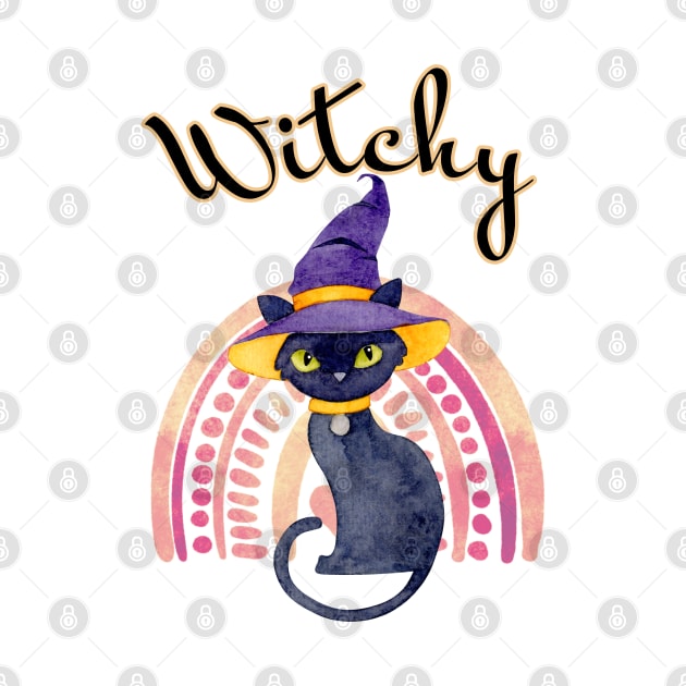 Witchy Halloween Black Cat Watercolor Art by AdrianaHolmesArt