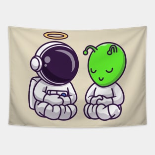 Cute Astronaut Angel Meditation Yoga With Alien Cartoon Tapestry