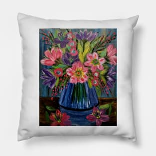 Beautiful floral paintings with abstract flowers in a blue vase Pillow