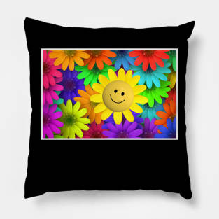 Colorful Flowers and Happy Face Pillow