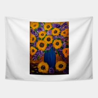 Sunflowers and mixed purple and pink flowers.  I'm a metallic blue gold and bronze and turquoise vase. Tapestry