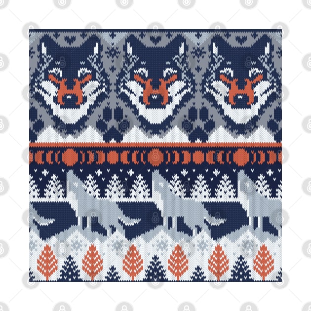 Fair isle knitting grey wolf // pattern // navy blue and grey wolves orange moons and pine trees by SelmaCardoso