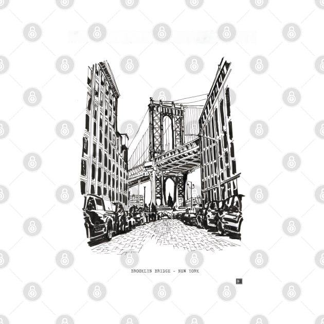 Brooklyn Bridge New York Cityscape USA Pen and Ink Illustration by Wall-Art-Sketch