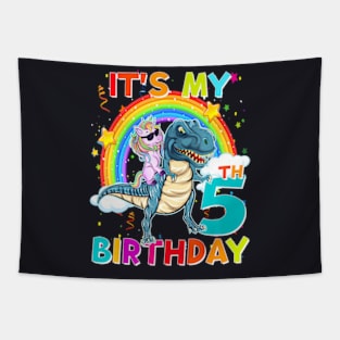 Its My 5Th Birthday Unicorn Riding T Rex Dinosaur 5 Years Tapestry