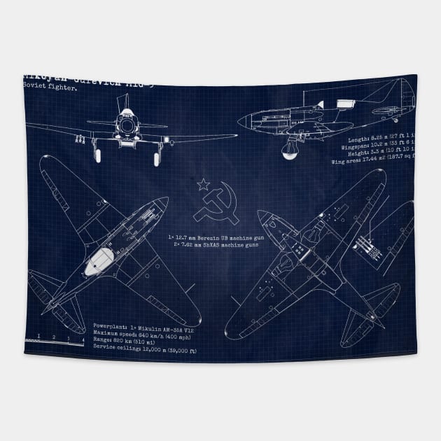 Mig-3 Mikoyan-Gurevich URSS Blueprint Tapestry by Aircraft.Lover