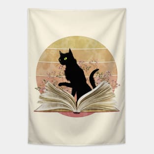 Cute Cat reading a book, watercolor sunset style, flowers growing from book, cats and books lovers lover Tapestry