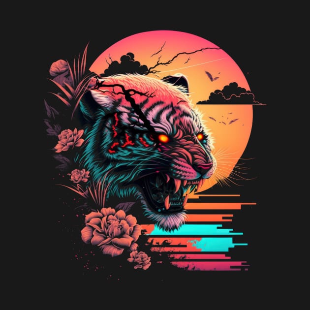 Tiger Head Retrowave Synthwave - 1980's Animal Print by Odd World