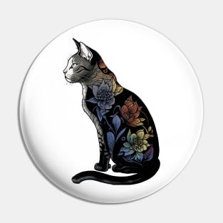 Vibrant Lotus Cat - Black and White Feline with Colorful Flower Design Pin