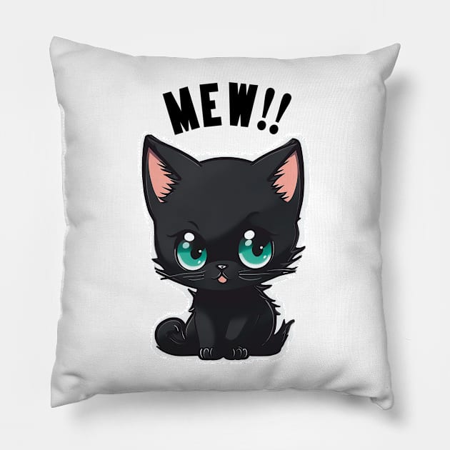 Suuper Cute Black Kitten. MEW!! Pillow by Cute Anime Cats