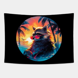 Raccoon in sunglasses on a beach Tapestry