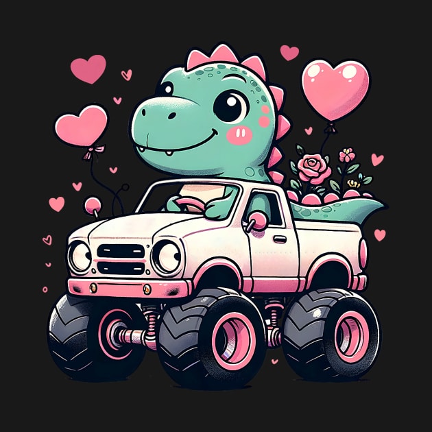 Cute Girls Kids Valentines Day Dinosaur Riding Monster Truck by jadolomadolo