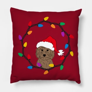 Goldendoodle with Santa Hat and Christmas Lights Pillow