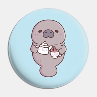 Cute Manatee Pouring Tea Into Teacup Pin