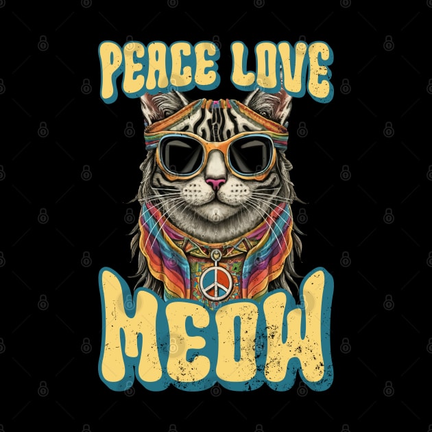 Peace Love Meow, Retro Groovy Style Hippie Cat Lover Design by PugSwagClothing