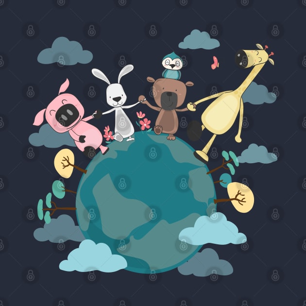 group animals holding hands on earth by Mako Design 