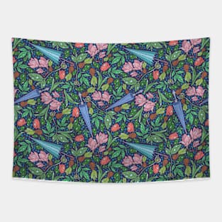 Umbrellas with pink magnolia and tulips after rain Tapestry