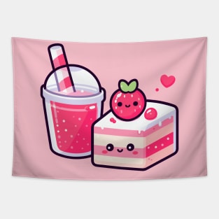 Kawaii Style Cute Strawberry Cake and Drink | Cutesy Design for Kawaii Food Lovers Tapestry